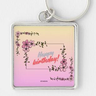 Happy Birthday Floral Square Keychain
