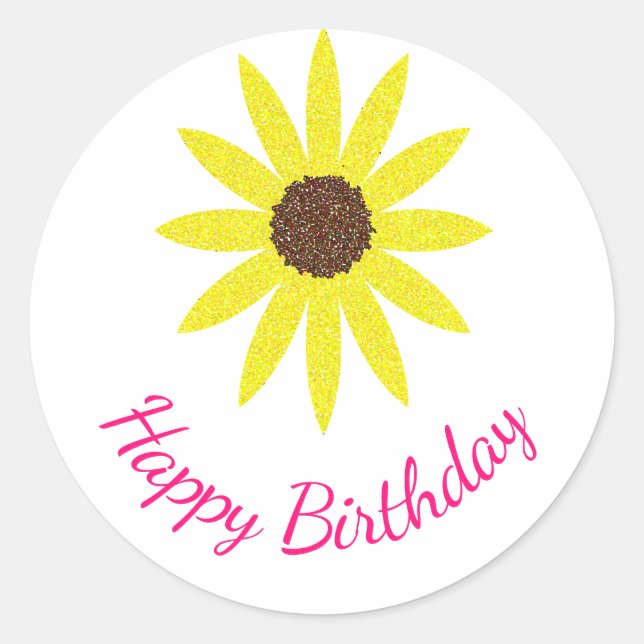 Happy Birthday Floral Sunflower Flower Yellow Pink Classic Round Sticker (Front)