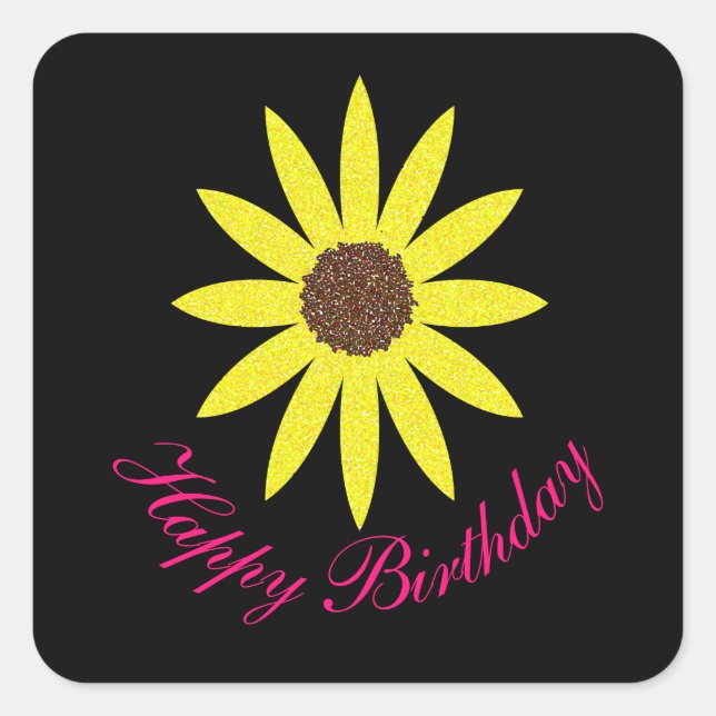 Happy Birthday Floral Sunflower Pink Yellow Black Square Sticker (Front)