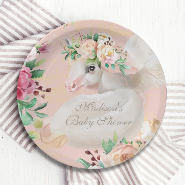 Happy Birthday Floral Unicorn Personalized Name Paper Plate (Creator Uploaded)