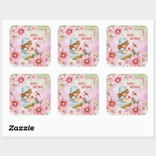 Happy Birthday Floral Vintage Girl Square Sticker