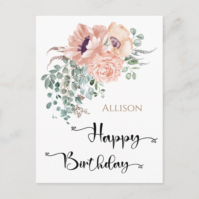 Happy Birthday Floral Watercolor  Postcard (Front)