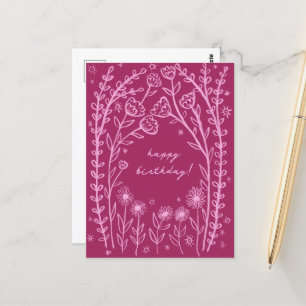 Happy Birthday Floral Whimsical Sketch Doodle Postcard