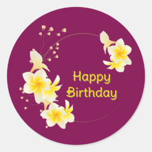 Happy Birthday Floral Yellow Gold Classic Round Sticker