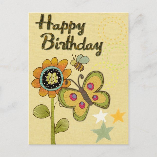 Happy Birthday Flower Butterfly Bee Nature Postcard (Front)