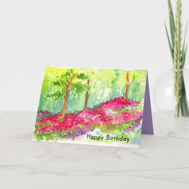Happy Birthday Flower Meadow Trees Watercolor Card (Front)