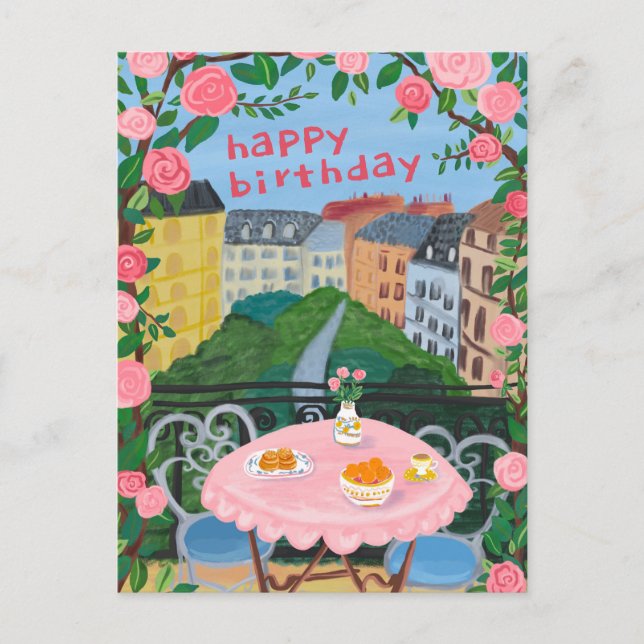 HAPPY BIRTHDAY Flowers Terrace Tea Time Paris Postcard (Front)