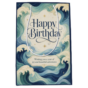 Happy Birthday Flowing Ocean Waves Medium Gift Bag