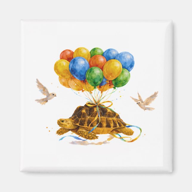 Happy Birthday flying Sulcata turtle with balloons Magnet (Front)