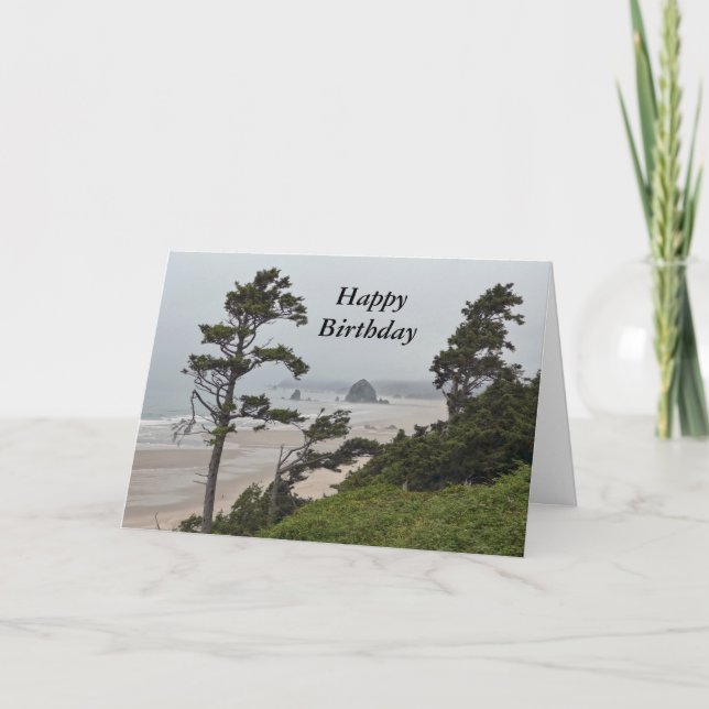 Happy Birthday, Foggy Morning, Cannon Beach, OR Card (Front)