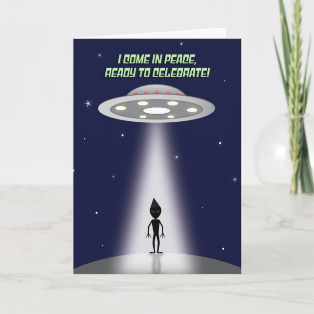 Happy Birthday For Anyone Alien and UFO Holiday Card (Front)