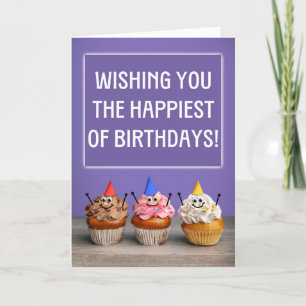 Happy Birthday For Anyone Cute Cupcakes Party Hats Holiday Card