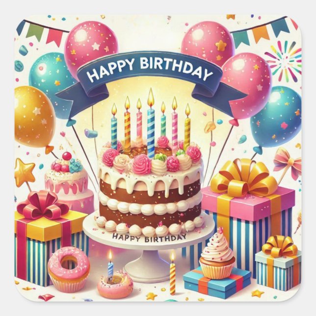 Happy Birthday for Kids - Colourful Balloons Cake Square Sticker (Front)