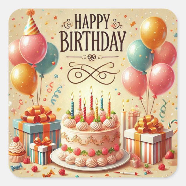 Happy Birthday for Kids - Colourful Balloons Cake Square Sticker (Front)