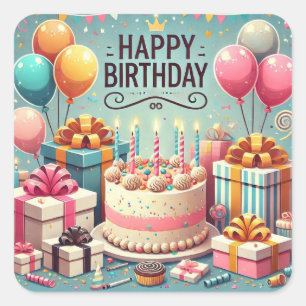 Happy Birthday for Kids - Colourful Balloons Cake Square Sticker
