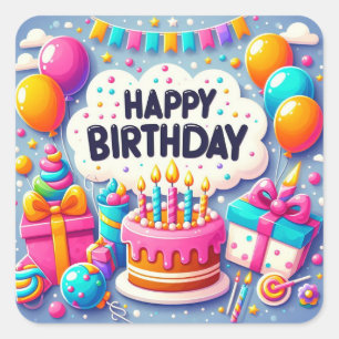 Happy Birthday for Kids - Colourful Balloons Cake Square Sticker