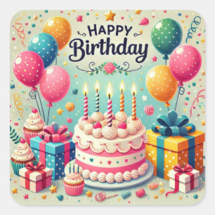 Happy Birthday for Kids - Colourful Balloons Cake Square Sticker