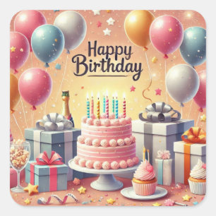 Happy Birthday for Kids - Colourful Balloons Cake Square Sticker