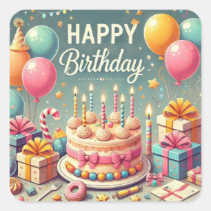 Happy Birthday for Kids - Colourful Balloons Cake Square Sticker