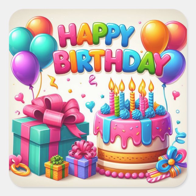 Happy Birthday for Kids - Colourful Balloons Cake Square Sticker (Front)