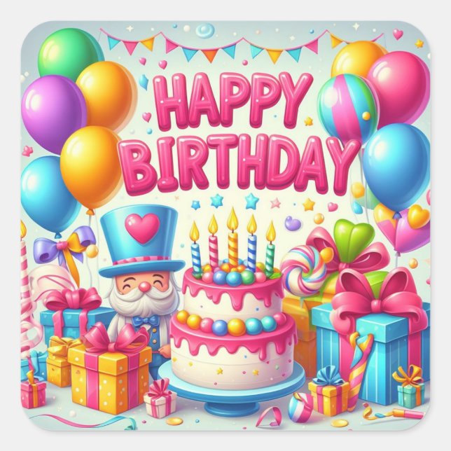 Happy Birthday for Kids - Colourful Balloons Cake Square Sticker (Front)