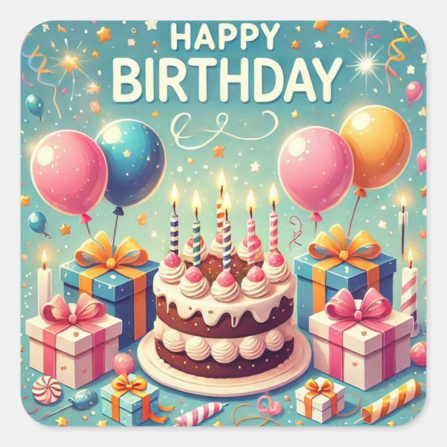 Happy Birthday for Kids - Colourful Balloons Cake Square Sticker (Front)