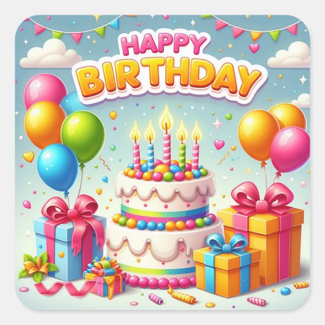 Happy Birthday for Kids - Colourful Balloons Cake Square Sticker (Front)