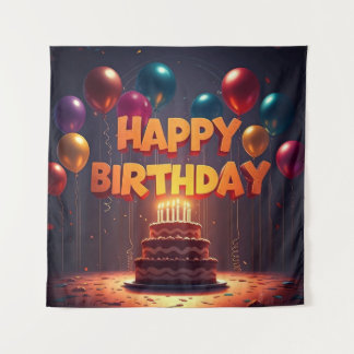 Happy Birthday for Kids - Colourful Balloons Cake Tapestry