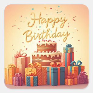 Happy Birthday for Kids - Colourful Gifts Cake Square Sticker