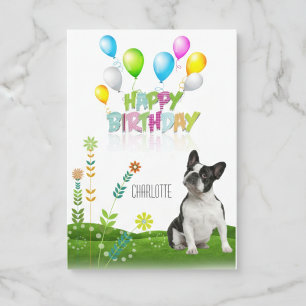  Happy Birthday French Bulldog Balloons and Flower Card