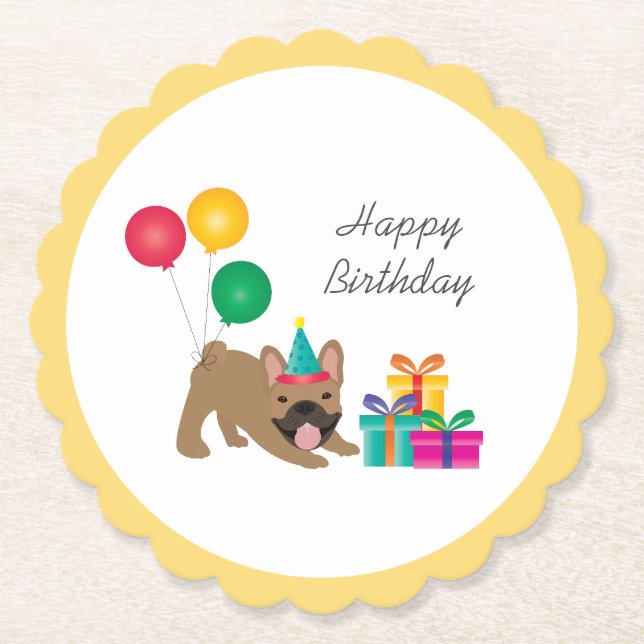 Happy Birthday French Bulldog Colourful Classic Paper Coaster (Front)