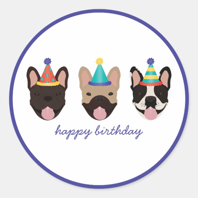 Happy Birthday French Bulldog Party Hats Classic Round Sticker (Front)