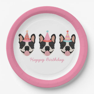 Happy Birthday French Bulldog Party Hats Pink Paper Plate