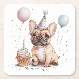 Happy Birthday French Bulldog Square Paper Coaster