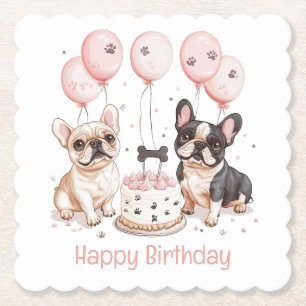 Happy Birthday French Bulldogs Birthday Cake Pink Paper Coaster