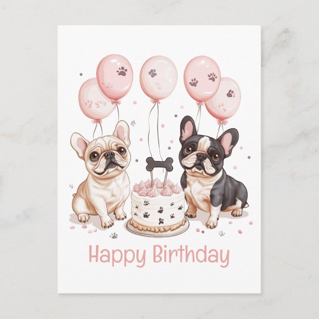 Happy Birthday French Bulldogs Birthday Cake Pink Postcard (Front)