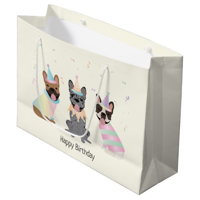 Happy Birthday French Bulldogs Large Gift Bag (Front Angled)