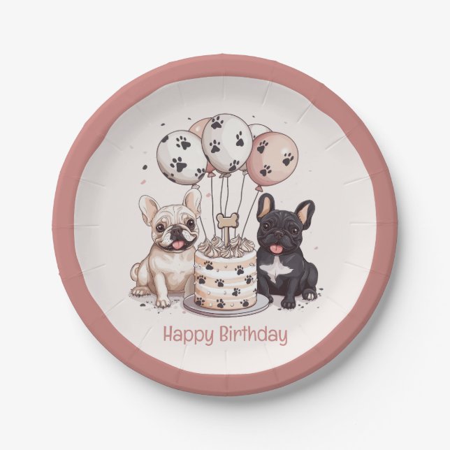 Happy Birthday French Bulldogs Party Hats Paper Plate (Front)