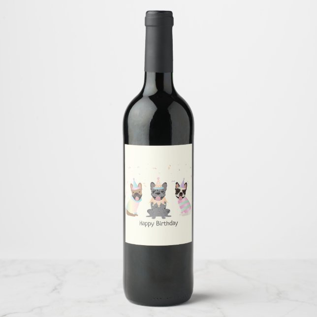 Happy Birthday French Bulldogs Wine Label (Front)