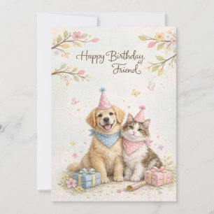 Happy Birthday Friend Card Cute Cat & Dog Best F