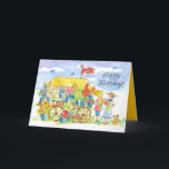 Happy Birthday Friends Flower Cart Puppy Dog Card<br><div class="desc">Happy birthday greetings featuring two women friends buying bouquets of fresh flowers at a farmer's market cart with a little puppy dog and bluebirds flying in the sky hand illustrated with watercolor. On the inside is a coordinating shade of bright yellow with a little red flower and text you can...</div>
