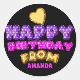 Happy Birthday From Name Balloon Pink Violet Black Classic Round Sticker