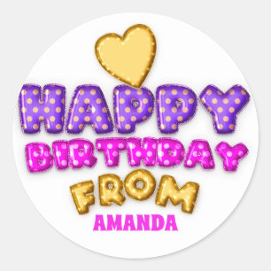Happy Birthday From Name Balloon Pink White Heart Classic Round Sticker