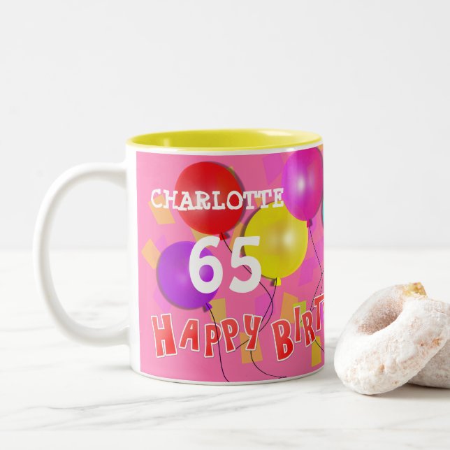 Happy Birthday Fun 65th Milestone Personalized Two Two-Tone Coffee Mug (With Donut)