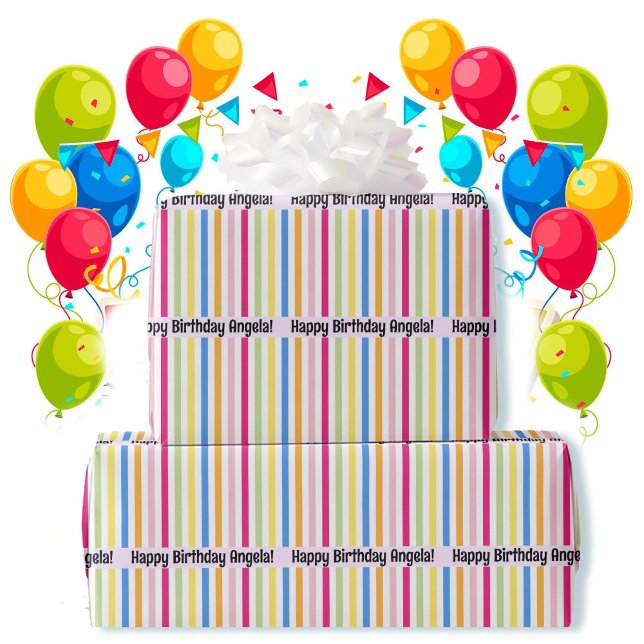 Happy Birthday Fun Cheerful Stripes Add Name Wrapping Paper (Creator Uploaded)