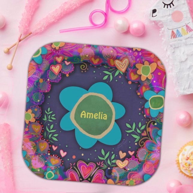 Happy Birthday Fun Colourful Floral Custom Name Paper Plate (Creator Uploaded)