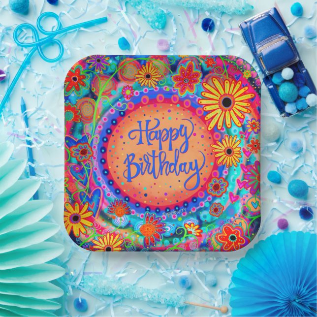 Happy Birthday Fun Colourful Floral Inspirivity Paper Plate (Party)
