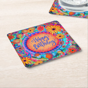 Happy Birthday Fun Colourful Floral Inspirivity Square Paper Coaster