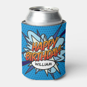 HAPPY BIRTHDAY Fun Modern Personalized Blue Can Cooler
