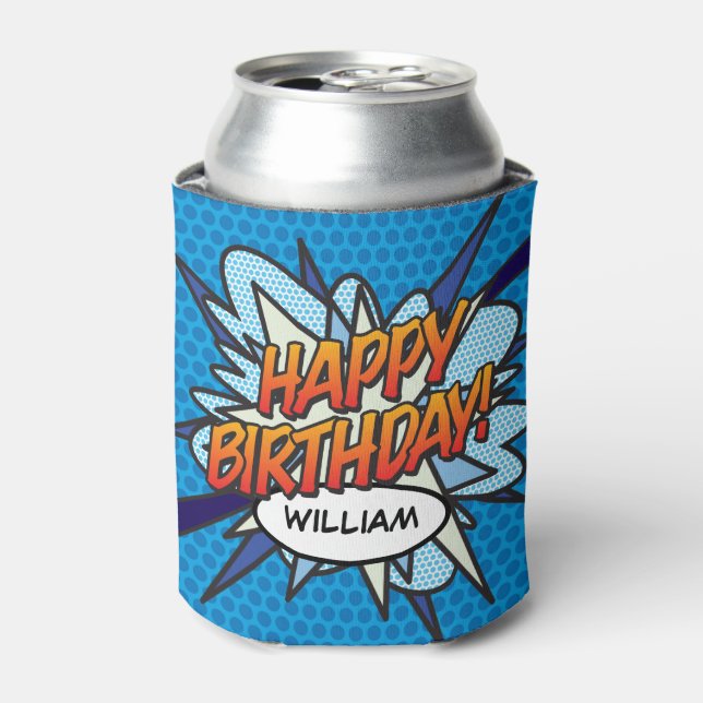 HAPPY BIRTHDAY Fun Modern Personalized Blue Can Cooler (Can Front)